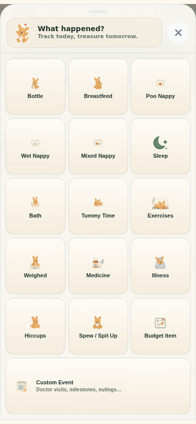 Animated JoeyMate flow showing add event and custom event screens