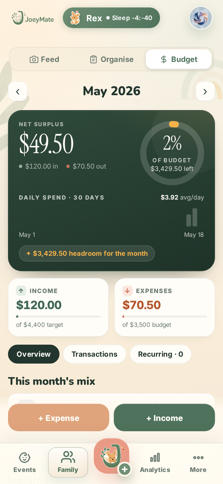 JoeyMate baby budget screen with income and expenses