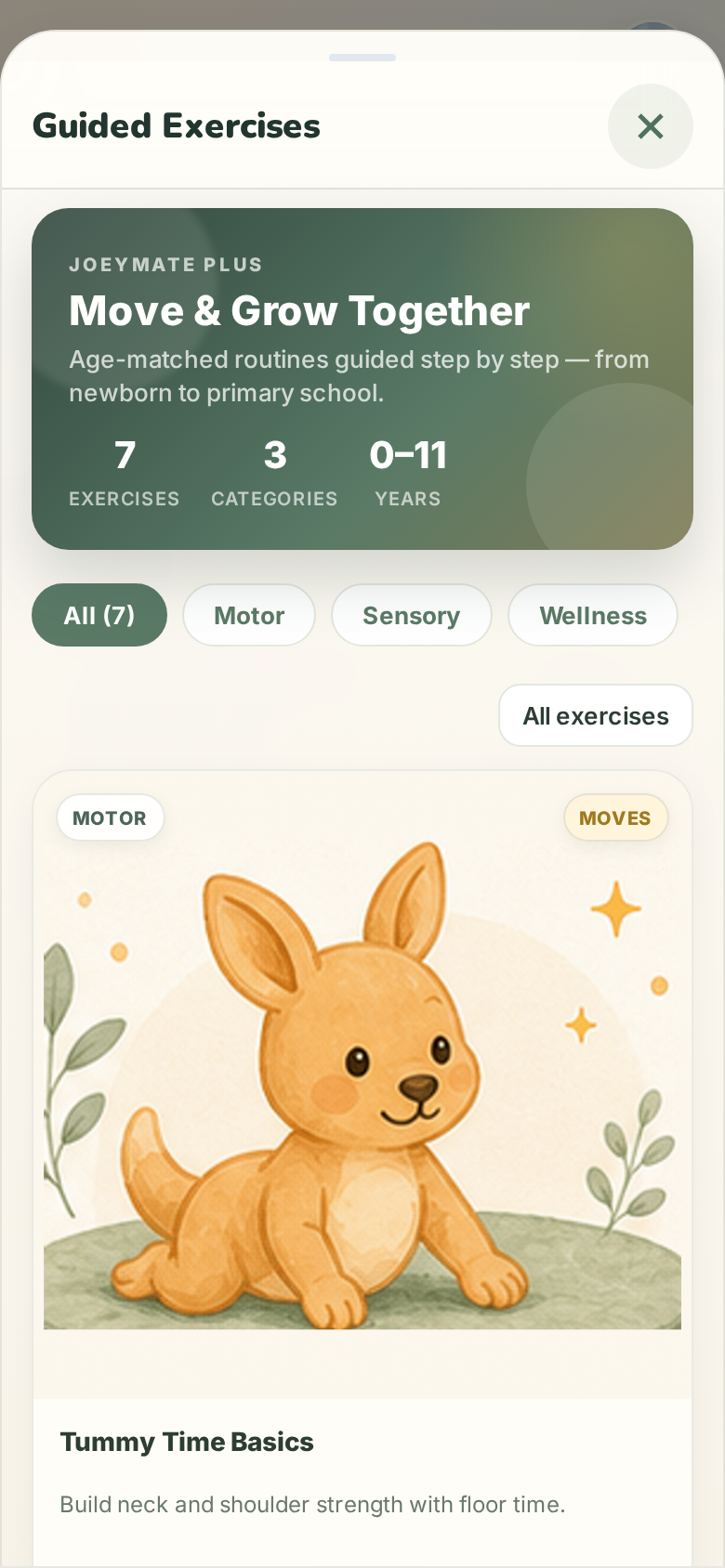 JoeyMate guided exercises screen with age-based activity cards