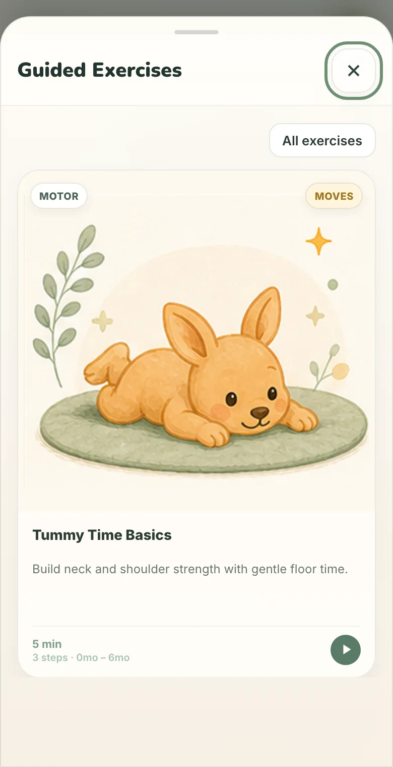 JoeyMate guided exercises screen with age-based activity cards
