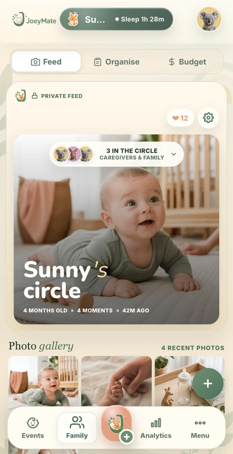 JoeyMate Family Feed screen showing a shared private family photo post