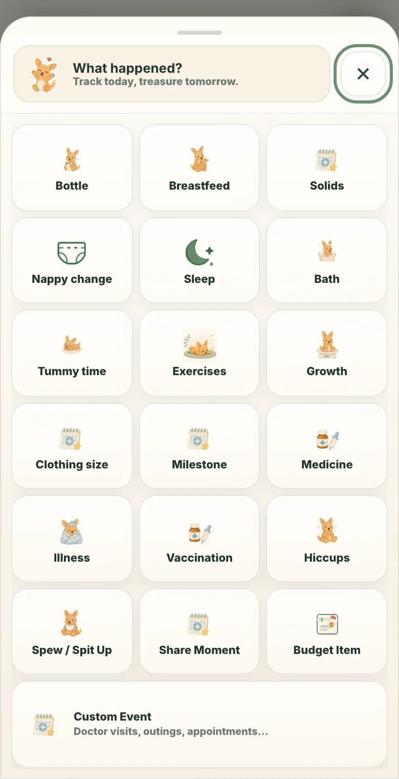 JoeyMate care event picker with fictional demo data