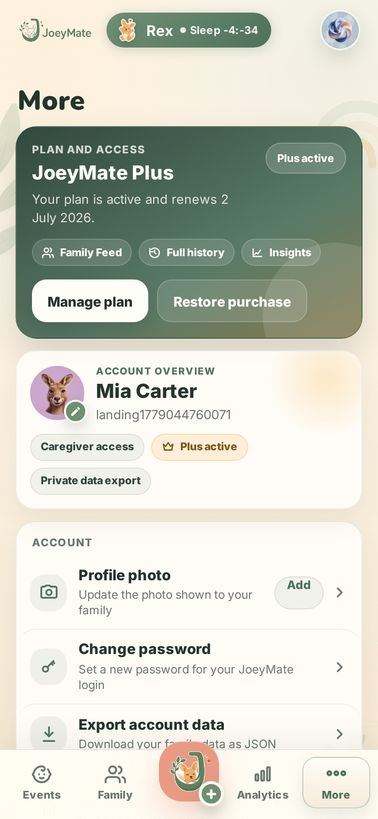 JoeyMate More settings screen