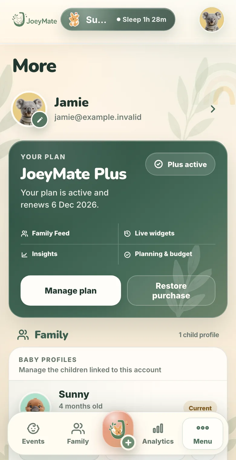 JoeyMate Menu settings screen