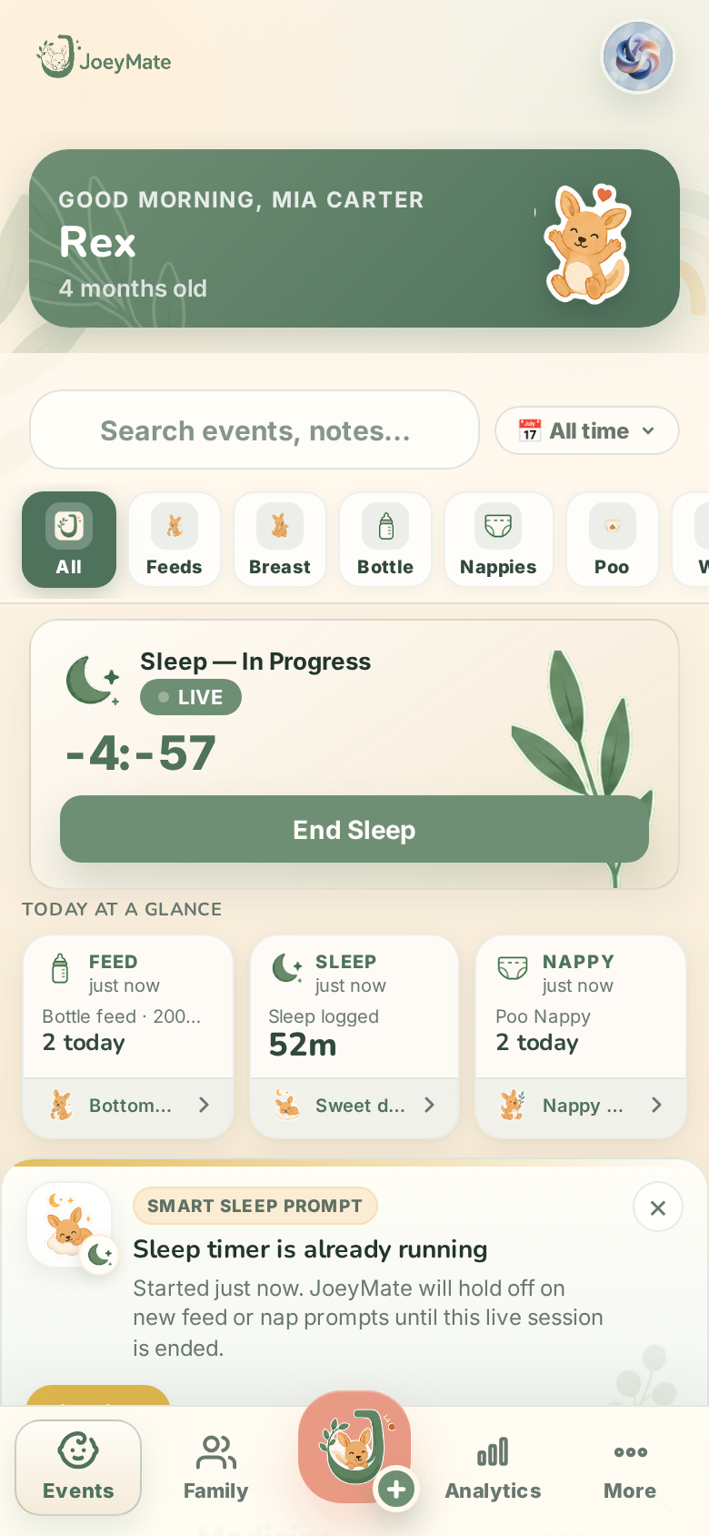 JoeyMate live sleep timer screen with sound controls