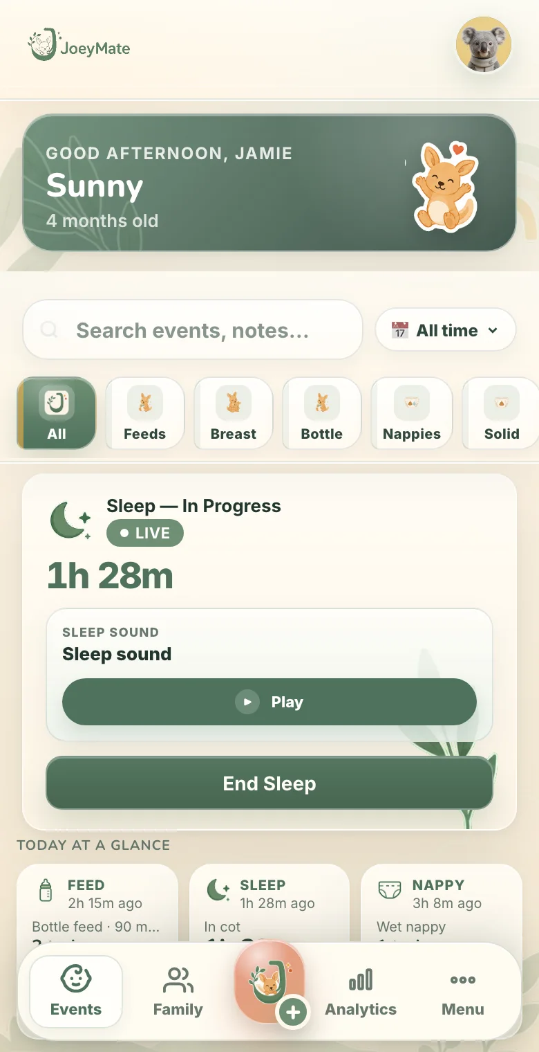 JoeyMate live sleep timer screen with sound controls